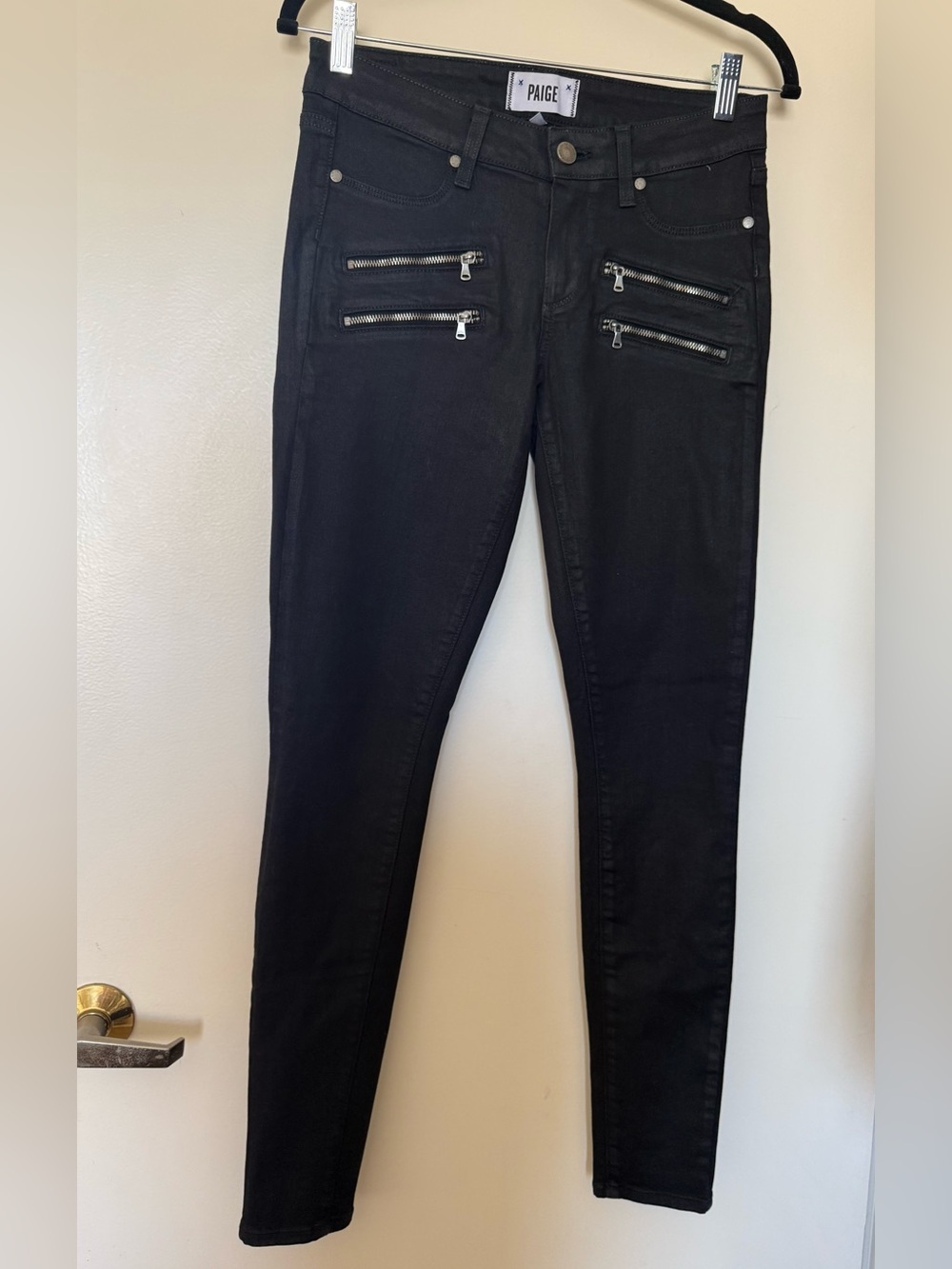 PAIGE Edgemont Black Silk Skinny Jeans with Front Zippers in Size 27
